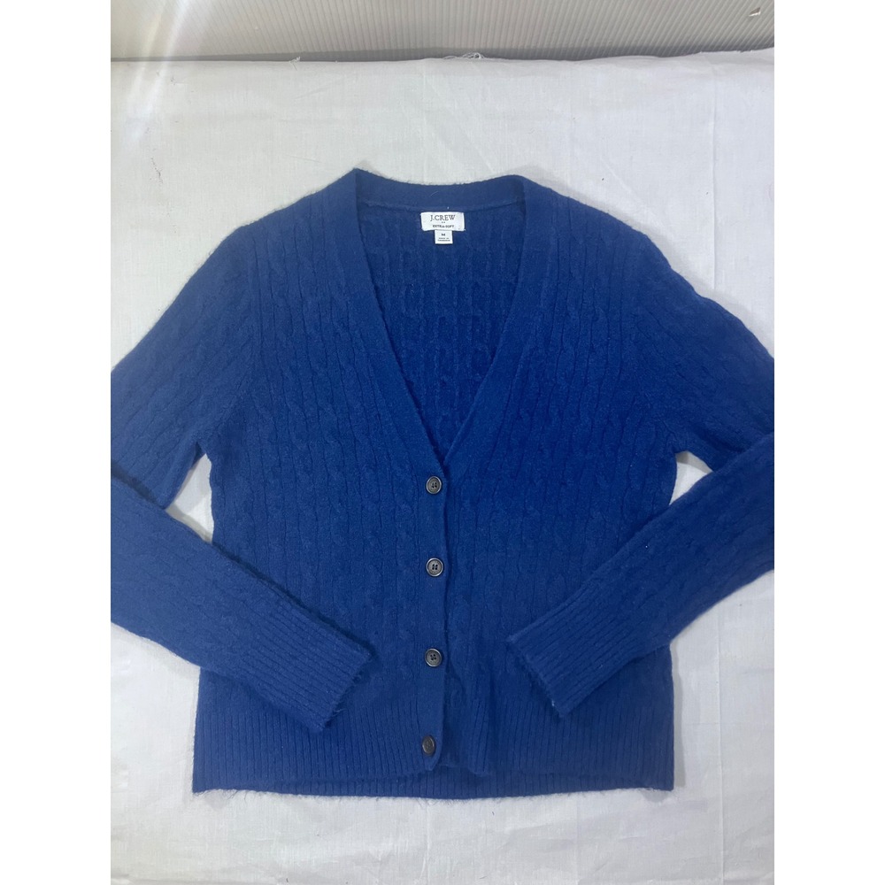 J Crew Cable Knit V Neck Cardigan Sweater Women Medium Blue Extra Soft